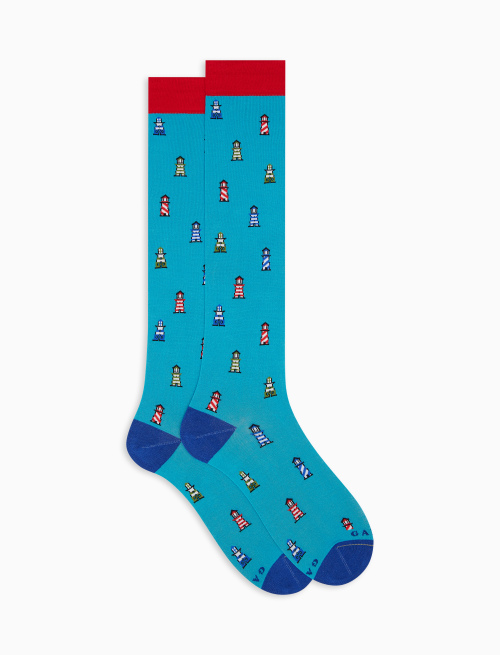 Women's long turquoise ultra-light cotton socks with lighthouse motif - Woman | Gallo 1927 - Official Online Shop