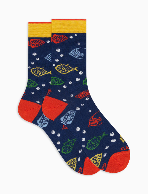 Men's short royal blue lightweight cotton socks with fish motif - Man | Gallo 1927 - Official Online Shop