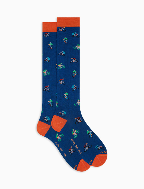 Men's long cosmo blue ultra-light cotton socks with cyclist motif - Socks | Gallo 1927 - Official Online Shop