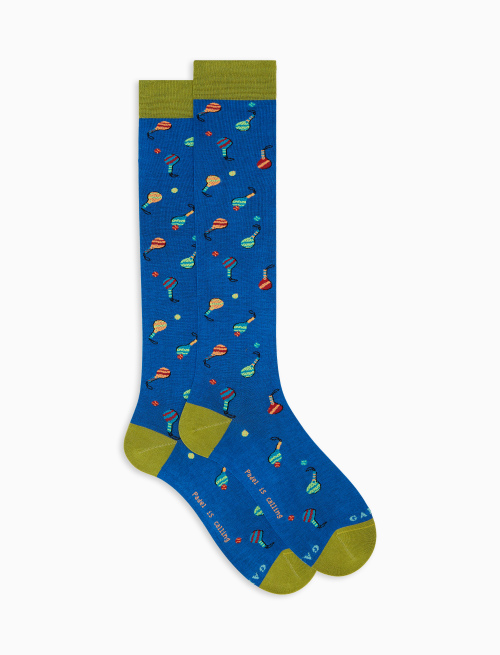 Men's long French blue ultra-light cotton socks with padel racquet motif - Socks | Gallo 1927 - Official Online Shop