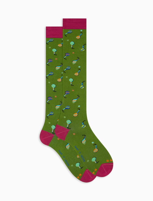 Men's long cactus green ultra-light cotton socks with padel racquet motif - Socks | Gallo 1927 - Official Online Shop