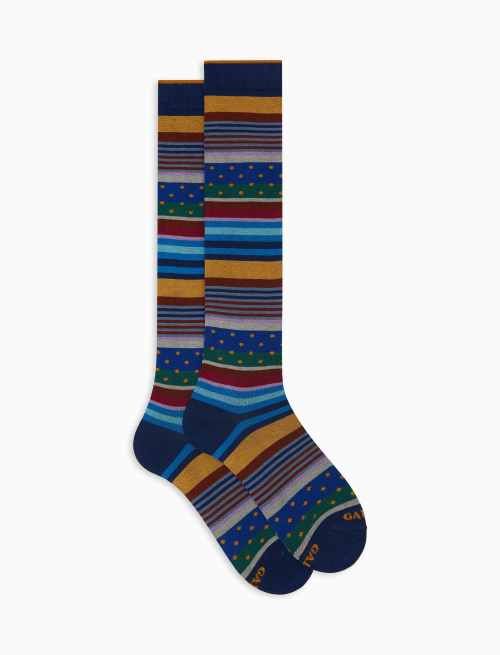Men's long blue cotton socks with stripe pattern and polka dots - Socks | Gallo 1927 - Official Online Shop