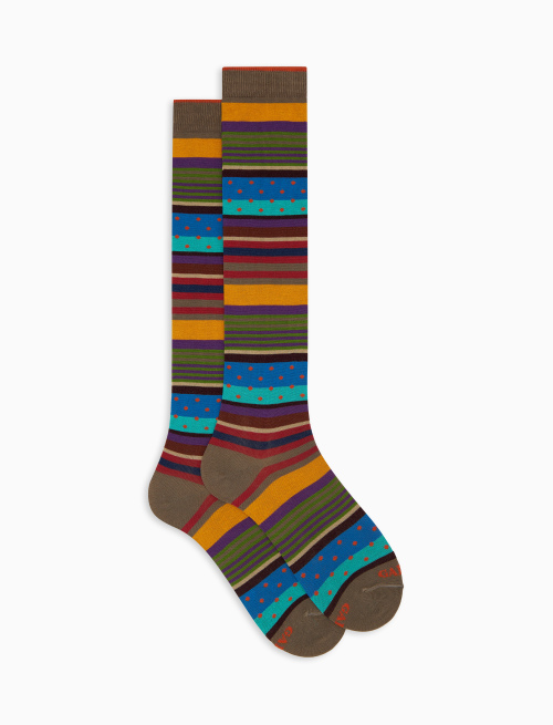 Women's long brown cotton socks with stripe pattern and polka dots - Long | Gallo 1927 - Official Online Shop