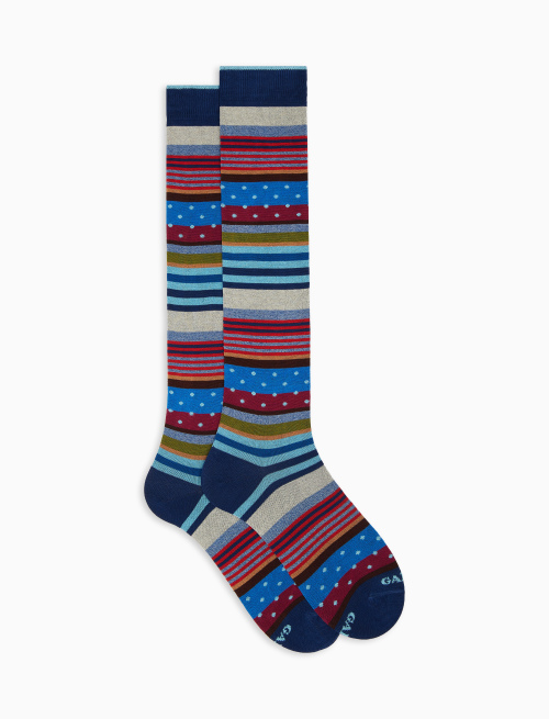 Women's long royal blue cotton socks with stripes and polka dots - Polka Dot Gallo | Gallo 1927 - Official Online Shop