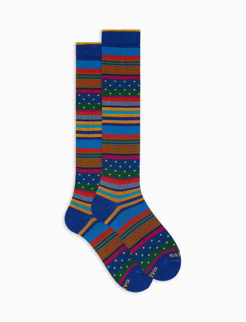 Women's long light blue cotton socks with stripe pattern and polka dots - Windsor | Gallo 1927 - Official Online Shop