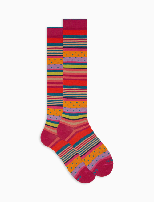 Women's long fuchsia cotton socks with stripe pattern and polka dots - Windsor | Gallo 1927 - Official Online Shop