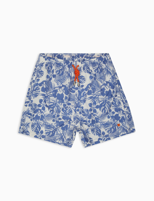 Men's aquarium blue polyester swim shorts with hibiscus and leaf motif - Beachwear | Gallo 1927 - Official Online Shop
