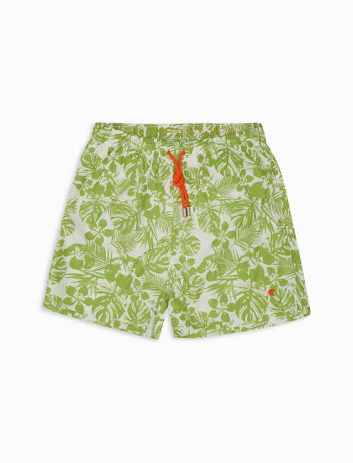 Men's green polyester swim shorts with hibiscus and leaf motif - Beachwear | Gallo 1927 - Official Online Shop