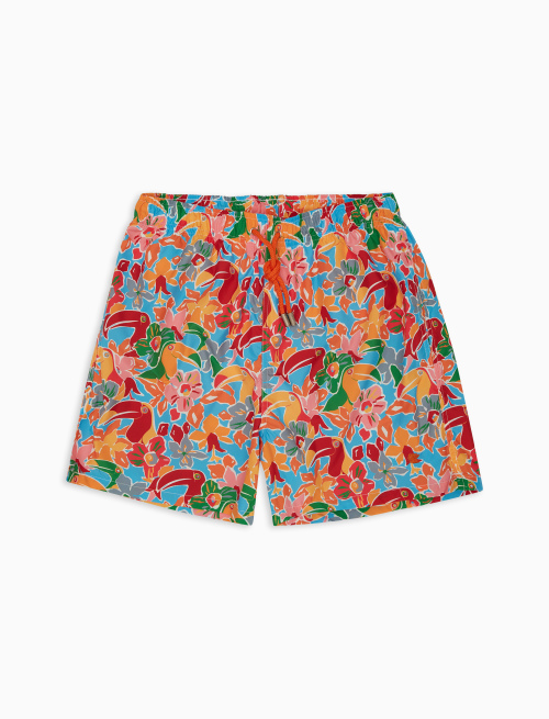 Men's sorgente blue polyester swimming shorts with tropical motif - Beachwear | Gallo 1927 - Official Online Shop