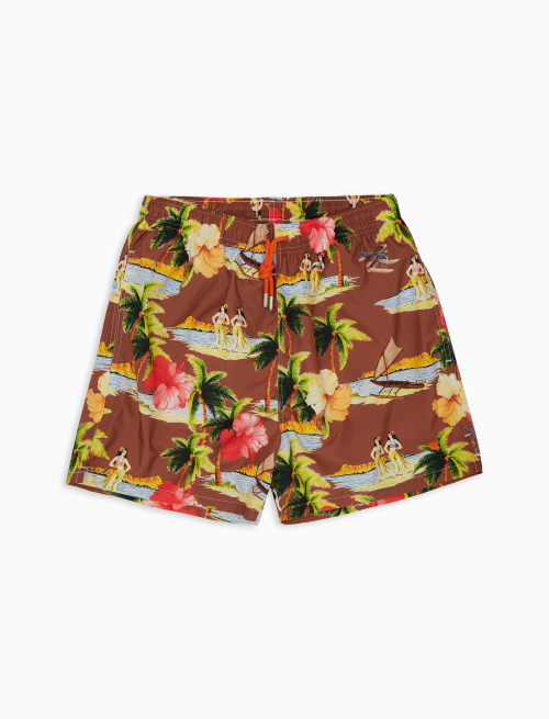 Men's tobacco brown polyester swim shorts with Hawaii motif - Beachwear | Gallo 1927 - Official Online Shop