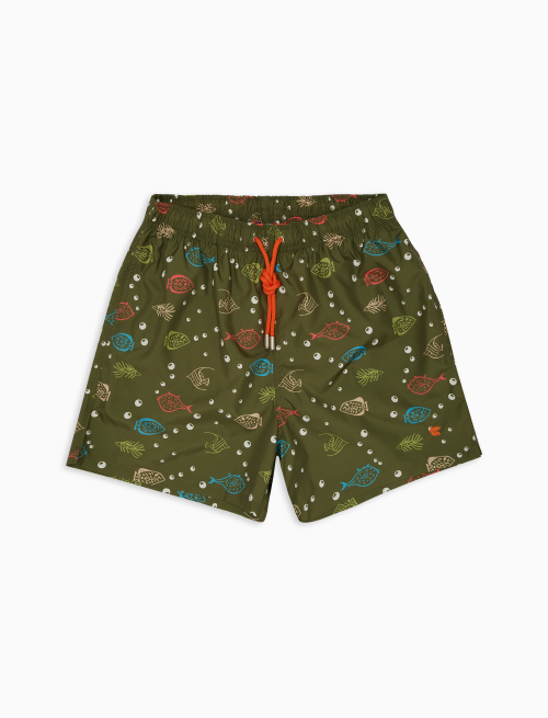 Men's army green polyester swim shorts with fish motif - Beachwear | Gallo 1927 - Official Online Shop