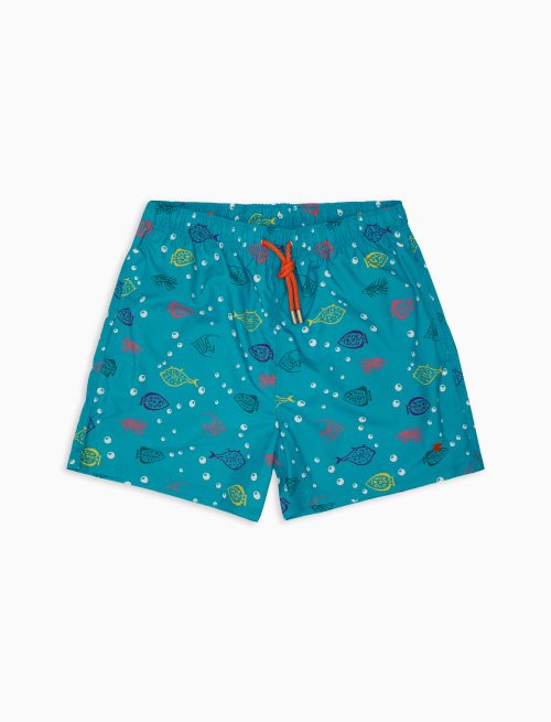 Men's aquamarine polyester swim shorts with fish motif - Beachwear | Gallo 1927 - Official Online Shop