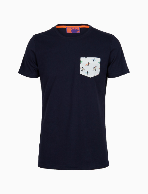 Men's blue cotton crew-neck T-shirt with surfer motif breast pocket - Lifestyle | Gallo 1927 - Official Online Shop