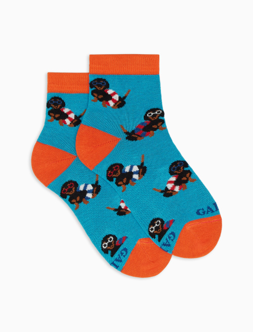 Kids' low-cut turquoise lightweight cotton socks with dog motif - Socks | Gallo 1927 - Official Online Shop