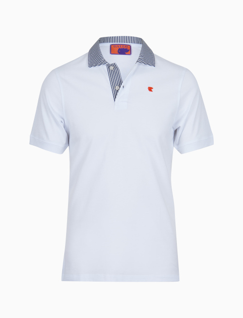 Men's white cotton polo with blue seersucker collar | Gallo 1927 - Official Online Shop