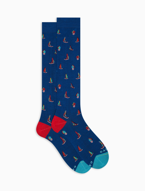 Men's long cosmo blue ultra-light cotton socks with boat motif - The SS Edition | Gallo 1927 - Official Online Shop