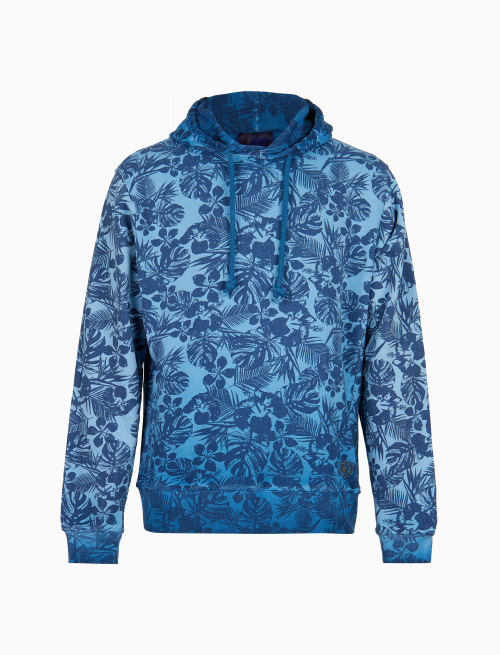 Unisex dyed sorgente blue cotton hoodie with hibiscus and leaf motif - Lifestyle | Gallo 1927 - Official Online Shop