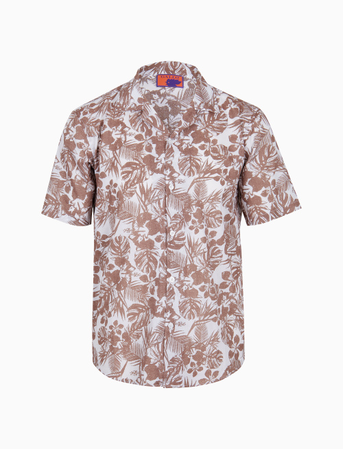 Men's tobacco brown short-sleeved cotton shirt with hibiscus and leaf motif - Lifestyle | Gallo 1927 - Official Online Shop