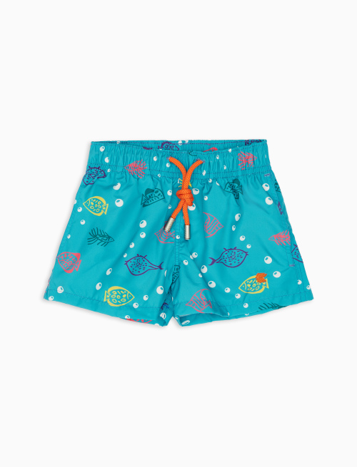 Kids' aquamarine polyester swim shorts with fish motif - Beachwear | Gallo 1927 - Official Online Shop