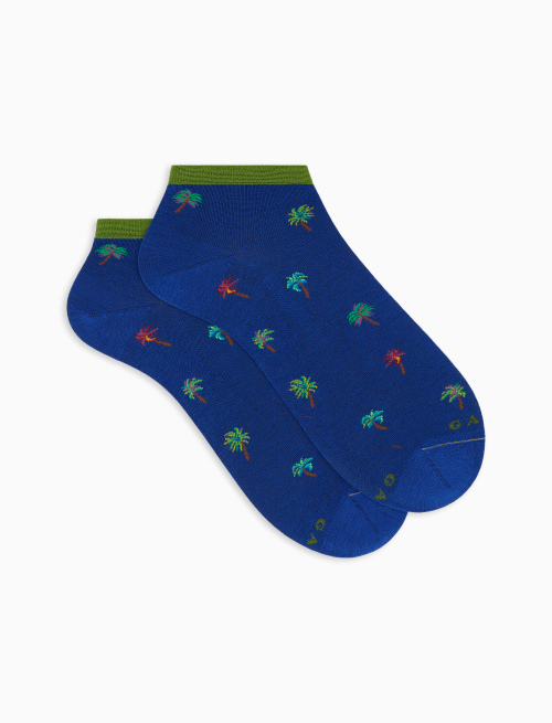 Men's cobalt blue ultra-light cotton ankle socks with palm tree motif - Invisible | Gallo 1927 - Official Online Shop
