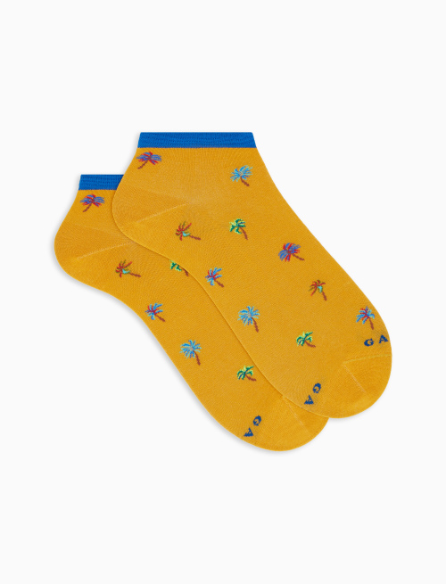 Men's gold-coloured ultra-light cotton ankle socks with palm tree motif - Invisible | Gallo 1927 - Official Online Shop