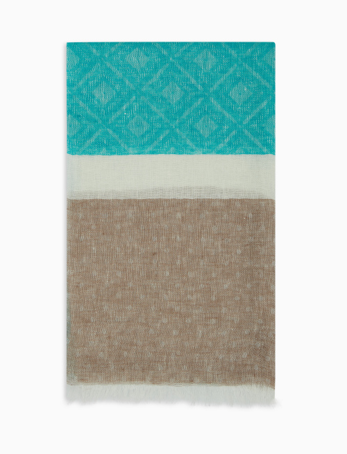 Unisex aquamarine linen scarf with batik motif and polka dot edge | Gallo 1927 - Official Online Shop