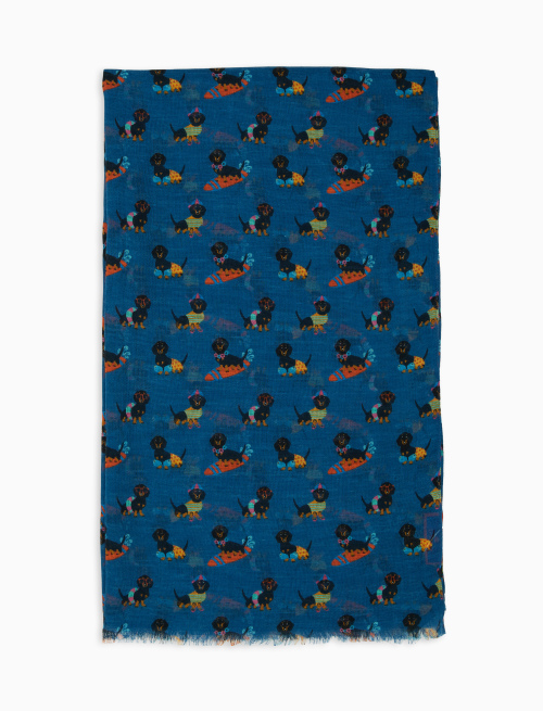 Unisex Danube blue cotton, viscose and linen scarf with dog motif - Scarves | Gallo 1927 - Official Online Shop
