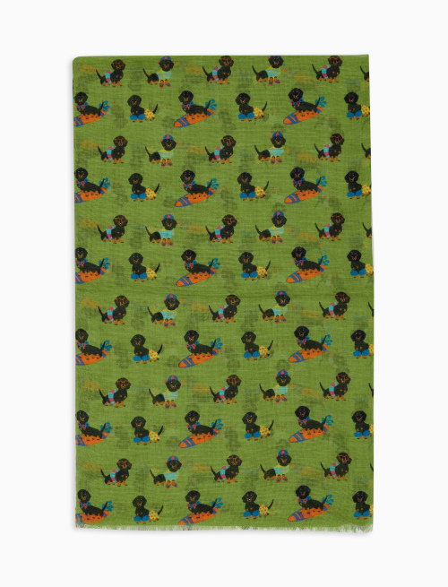 Unisex mapo green cotton, viscose and linen scarf with dog motif - Cannes | Gallo 1927 - Official Online Shop