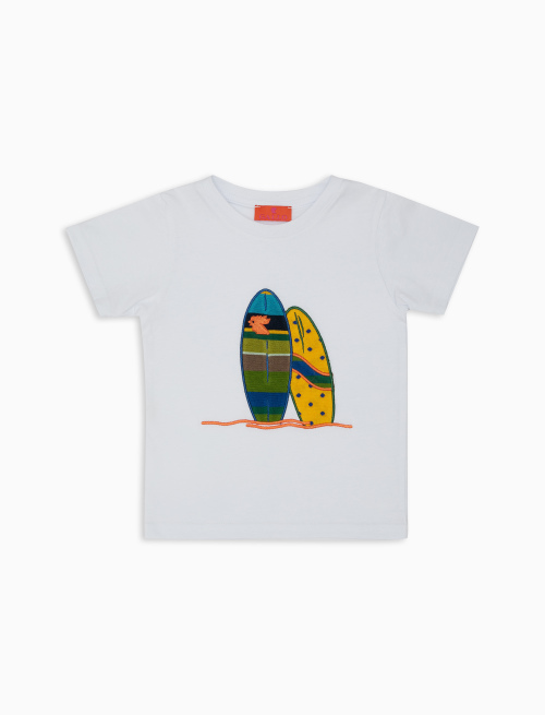 T-shirt bambino cotone bianco tinta unita con surf ricamato - Lifestyle | Gallo 1927 - Official Online Shop