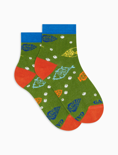 Kids' low-cut cactus green lightweight cotton socks with fish motif - Super short | Gallo 1927 - Official Online Shop