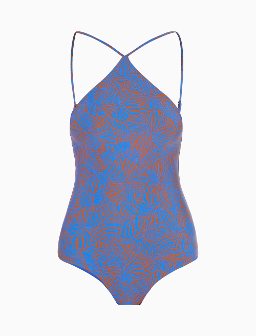 Women's carbon paper blue halterneck one-piece polyester swimsuit with large floral pattern - Beachwear | Gallo 1927 - Official Online Shop