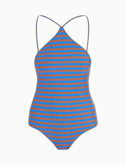 Women's carbon paper blue halterneck one-piece polyester swimsuit with two-tone stripes - Beachwear | Gallo 1927 - Official Online Shop