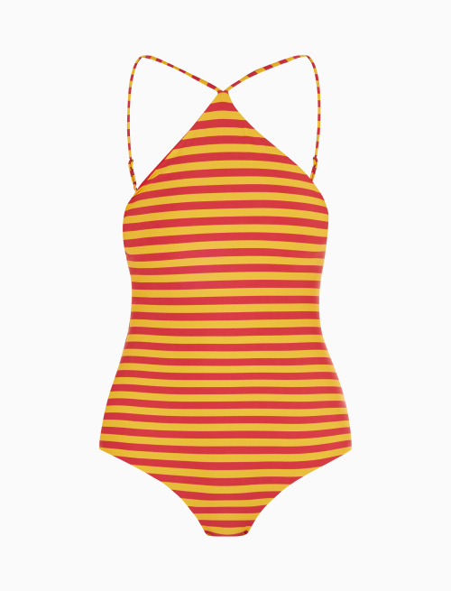 Women's narcissus yellow halterneck one-piece polyester swimsuit with two-tone stripes - Capri | Gallo 1927 - Official Online Shop