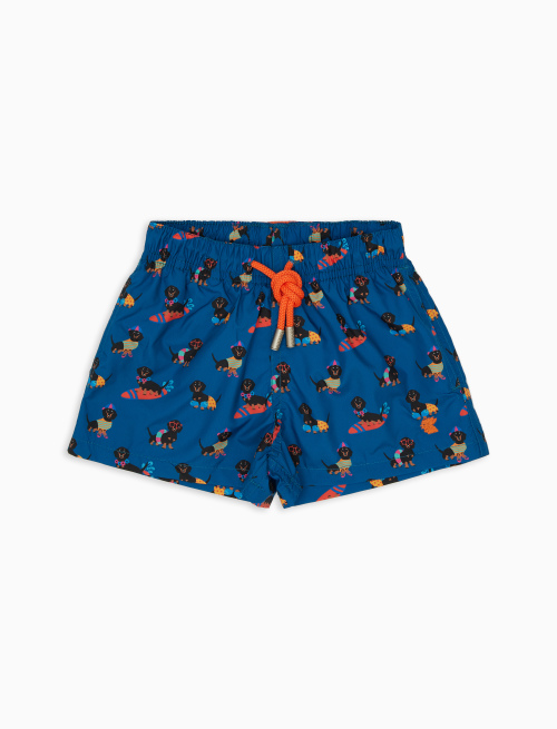Kids' Danube blue polyester swim shorts with dog motif - Cannes | Gallo 1927 - Official Online Shop