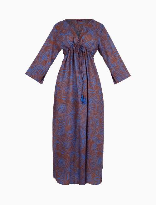 Women's long carbon paper blue cotton kaftan with large floral pattern - Lifestyle | Gallo 1927 - Official Online Shop