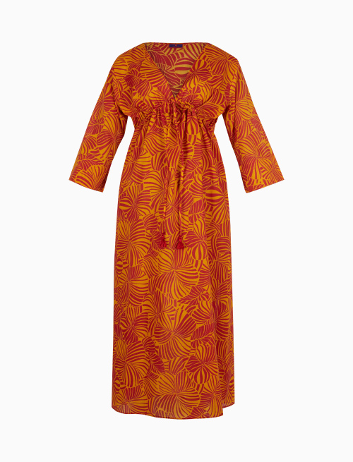 Women's long narcissus yellow cotton kaftan with large floral pattern - Beachwear | Gallo 1927 - Official Online Shop