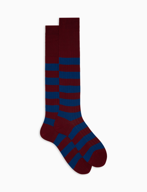 Men's long burgundy ribbed cotton socks with two-tone stripes - Bicolor | Gallo 1927 - Official Online Shop