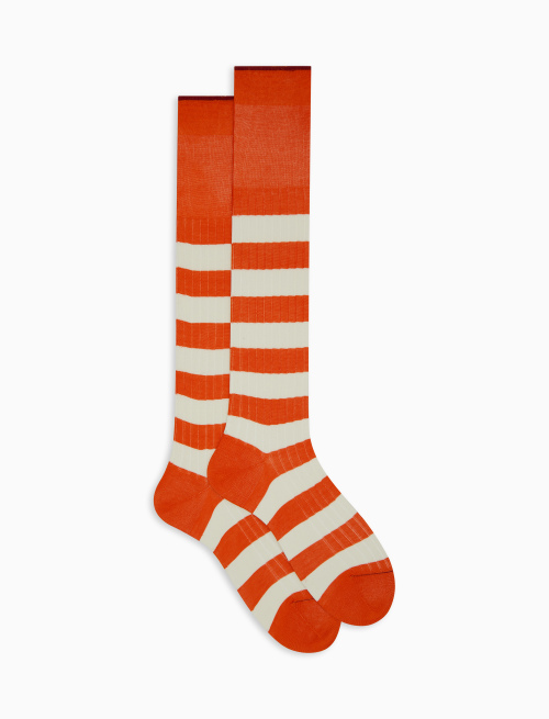 Men's long orange ribbed cotton socks with two-tone stripe pattern - Bicolor | Gallo 1927 - Official Online Shop