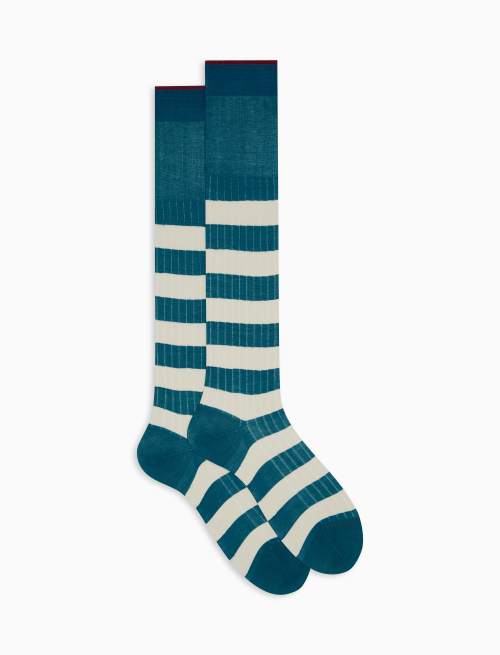 Men's long light blue ribbed cotton socks with two-tone stripe pattern - Bicolor | Gallo 1927 - Official Online Shop