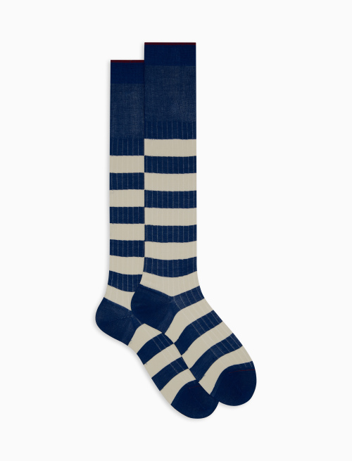 Men's long blue ribbed cotton socks with two-tone stripe pattern - Bicolor | Gallo 1927 - Official Online Shop
