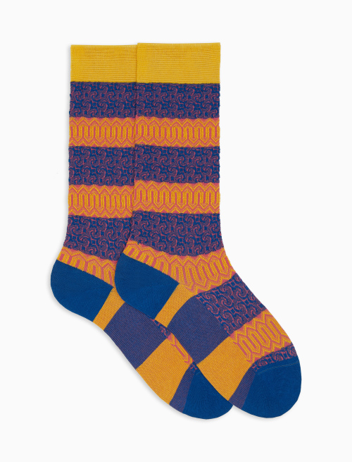 Women's Prussian blue mid-calf cotton socks with meander motif on a two-tone band - Socks | Gallo 1927 - Official Online Shop