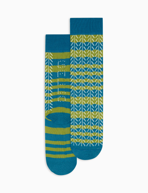 Women's Capri blue mid-calf perforated cotton socks with two-tone stripes - Capri | Gallo 1927 - Official Online Shop