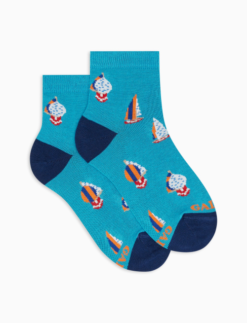 Kids' low-cut turquoise lightweight cotton socks with boat motif - Socks | Gallo 1927 - Official Online Shop