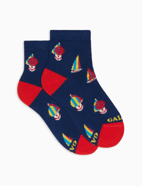 Kids' low-cut royal blue lightweight cotton socks with boat motif - Socks | Gallo 1927 - Official Online Shop