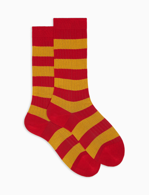Calze altezza media donna cotone rosso papavero a coste righe bicolore - Calze | Gallo 1927 - Official Online Shop