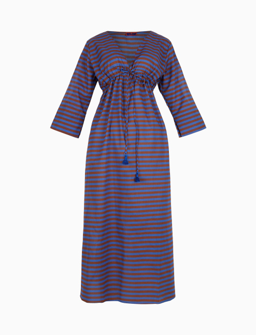 Women's long carbon paper blue cotton kaftan with two-tone stripes - Beachwear | Gallo 1927 - Official Online Shop