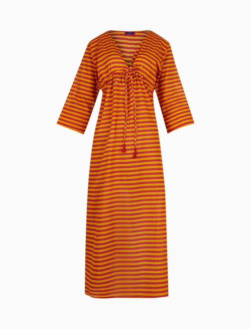Women's long narcissus yellow cotton kaftan with two-tone stripes - Capri | Gallo 1927 - Official Online Shop