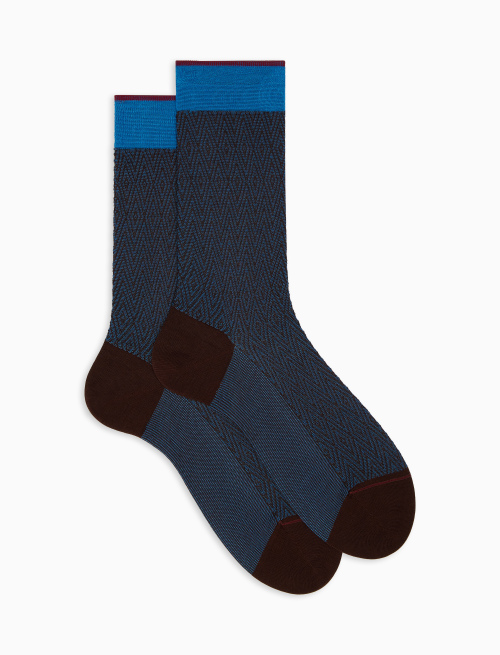 Men's short tobacco brown lightweight cotton socks with chevron and rhombus motif - First Selection | Gallo 1927 - Official Online Shop
