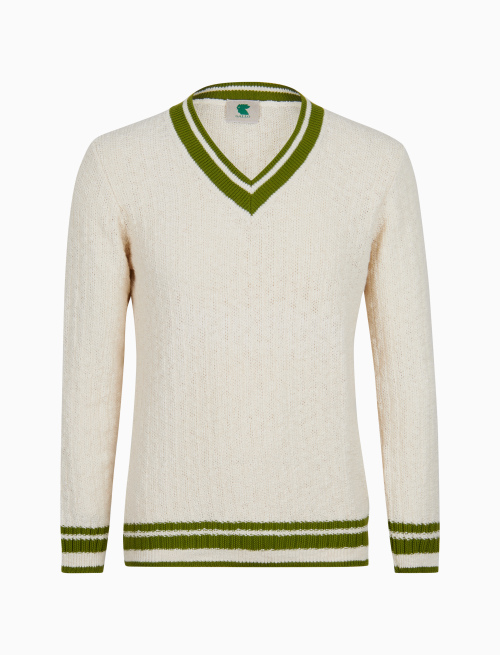 Unisex plain cord beige cotton V-neck jumper with contrasting detail - Green | Gallo 1927 - Official Online Shop