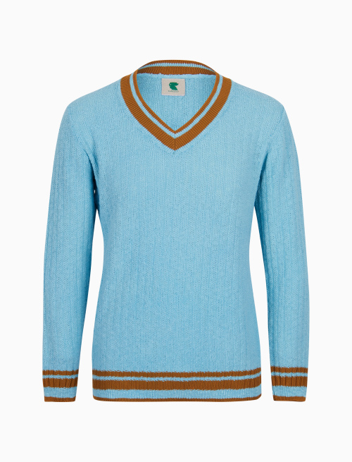 Pull scollo a v unisex cotone azzurro tinta unita con contrasti - Abbigliamento | Gallo 1927 - Official Online Shop